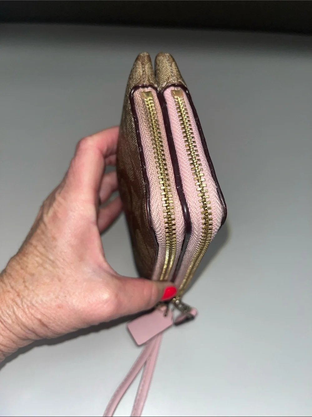 Coach Brown Signature Canvas Wristlet with Pink Trim